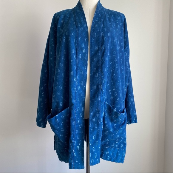XL Eileen Fisher Kimono Jacket Block Printed Denim Organic Cotton - Picture 3 of 14